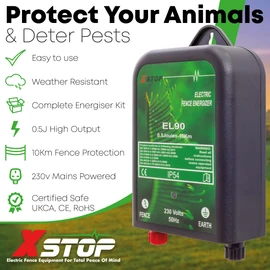230v Mains Powered Electric Fence Energiser X-Stop EL90 10Km Range, 0.5 Joule Output, Weatherproof Kit Includes Leads and Earth Stake. For Horses and Other Animals. 2 Year Warranty*