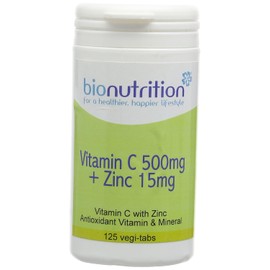 Bio Nutrition Vitamin C 500mg + Zinc 15mg : Antioxidant and Immune Vitamin and Mineral Combination : 125 Vegi Tablets