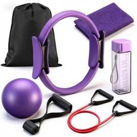 Soulchen 7pcs Pilates Ring Essentials Set for Women Pilates Ring and Ball Kit for Home Workouts 10 Inch Yoga Ball, Resistance Bands, Cold Towel & Bottle, Exercise Accessories Gifts for Women Beginners
