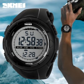 Mens Digital Watches, Waterproof Stopwatch Wrist Sports Watch for Men, Alarm Clock, Chronograph, LED Light, and Military Style from SKMEI 1025 Black