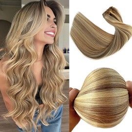 Highlight Weft Hair Extensions Real Human Hair Balayage Sew in Weft Hair Extensions 14 Inch 80g Dark Brown to Light Brown Ombre with Blonde Ombre Blonde Sew in Real Hair Bundles Add Length and Volume
