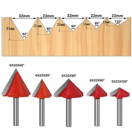 Bestgle Trimmer Bit, 0.2 inch (6 mm) Carbide Blade Router Bit, 0.2 inch (6 mm), Set of 5, V-Groove Bit, 3D V Router Bit, 60° 90° 120° CNC Engraving Woodworking Milling Cutter, V-Groove Router Bit, Tungsten Carbide Solid End Mill, DIY Carving Cutter, V-Sh