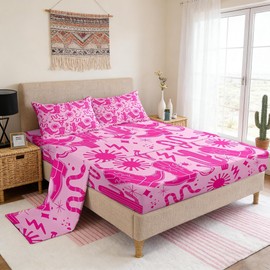 Western Cowgirl Bed Sheet Full Size,Bull Skull Snake Cowboy Bedding Set Rose Pink Sun Cactus Silhouette Top Flat Sheet for Kids Girls Boys Room Decor Vintage Boho Fitted Sheet,2 Pillowcases