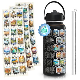Mousephu National Parks Water Bottle - Engraved Parks of the USA Bucket List Water Bottle - With 63 National Park Stickers, Straw, Cleaning Set - Vacuum Sealed Stainless Steel Water Bottle (Black)