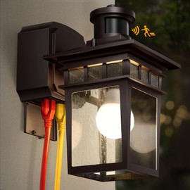 APOTO Porch Light with GFCI Outlet, Bronze Dusk to Dawn Motion Sensor Outdoor Lights, 3-Mode Wall Exterior Lighting Fixture, Waterproof Outside Lights Sconce for House Front Door Patio Garage