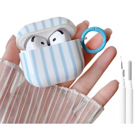 MINSCOSE for AirPods 4 Clear Case,Cute Striped Aesthetic Pattern Design with Girly Keychain Ring,Soft TPU Protective Shockproof Cover with Cleaner Kit for Girls Women for Airpods 4-Blue