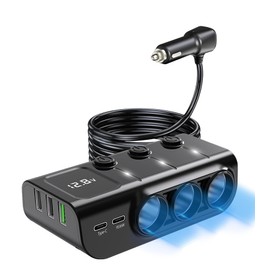 8 in 1Cigarette Lighter Splitter,LIHAN 3 Expander Socket Car Charger Adapter & 5 USB Ports(Type-C PD36W/QC3.0),12V/24V Plug,120W Outlet with LED Voltmeter,3.3FT Cable for Car,Truck,SUV,RV,Camping