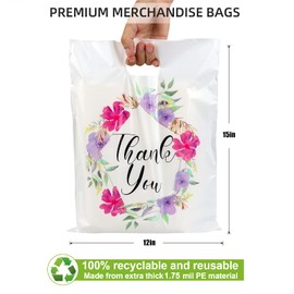 POPGIFTU Floral Thank You Plastic Bags 50 Pack 12" x 15" Thank You Bags for Small Business, Thank You Shopping Bags with Handles, for Boutique, Retail, Gift Bags, Clothes, Party Favors