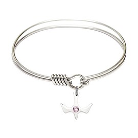 6 1/4 inch Round Eye Hook Bangle Bracelet w/Holy Spirit medal charm w/Light Purple Crystal