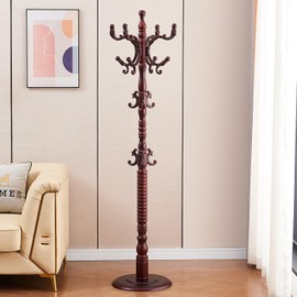GAMNOF Wood Coat Rack ​Freestanding, Wooden Entryway Tree Coat Rack Stand Coat Hanger Stand, High-grade Hat Tree with 14 Hooks & Stable Disc Base