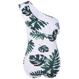 Mycoco - Traje de baño de una pieza para mujer, con un hombro fruncido, traje de baño, Hojas blancas y verdes., 6