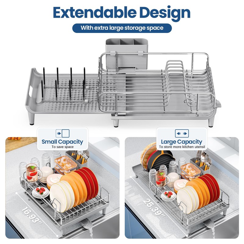 TOOLF Expandable Dish Rack, Dish Drying Rack for Kitchen Counter,