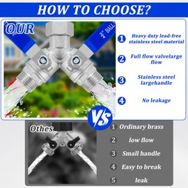 Garden Hose Y Valve Splitter 2 Way, 304 Stainless Steel Heavy Duty Hose Splitter with Long Handle, 3/4" GHT Thread Y Valve Water Garden Hose Tap Adapter