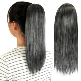 SERENDIPA Ponytail Extension, Short Straight Drawstring Pony Tail 12 Inch, Clip in Sleek Natural Fake Synthetic Hairpieces (Salt and Pepper)