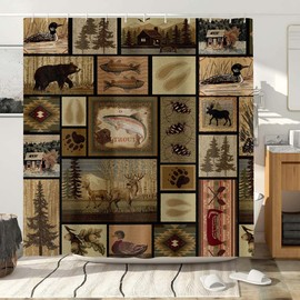 Hajmsug Rustic Lodge Shower Curtain, Cabin Retro Bear Moose Lodge Vintage Farmhouse Shower Curtain Sets, Wild Duck Leaves Mountain Hill Retro Decor Barhroom Curtain with Hooks, 69''X70''