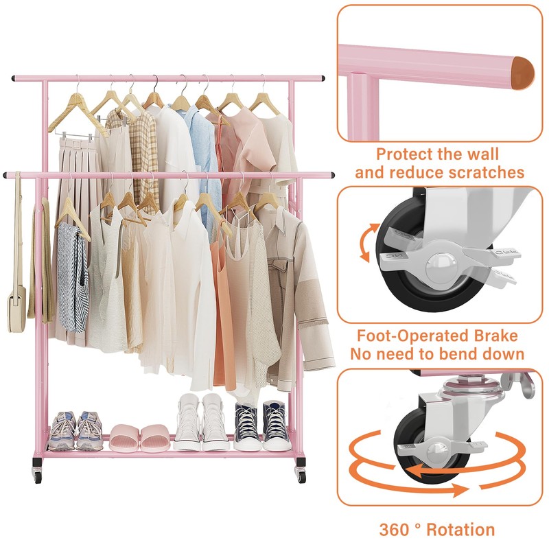 Calmootey Double Rod Clothing Garment Rack,Rolling Hanging Clothes Rack,Portable Clothes