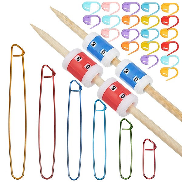Basic Knitting Tools Accessories, Includes 4 Pieces Row Counter in Various Sizes, 20 Pieces Knitting Crochet Closure Stitch Markers and 6 Pieces Assorted Size Stitch Holder Set