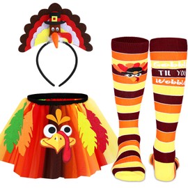 Vicenpal Thanksgiving Tutu Costume Holiday Tutu with Turkey Headband Sock for Thanksgiving Cosplay Party(Vibrant Style)