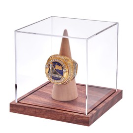 Championship Ring Display Case, No Assembly Required Clear Acrylic Single Ring Holder with Wooden Stand Base for Sports Baseball Fan UV Protection(1 Pack)
