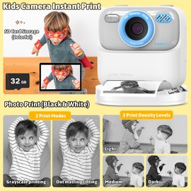 Instant Camera Children, Digital Camera for Girls Boys, 1080P Children's Camera, Instant Camera Toy, Gifts for Children Aged 3-14 Years, with 3 Rolls Print Photo Paper & 32GB Card, White