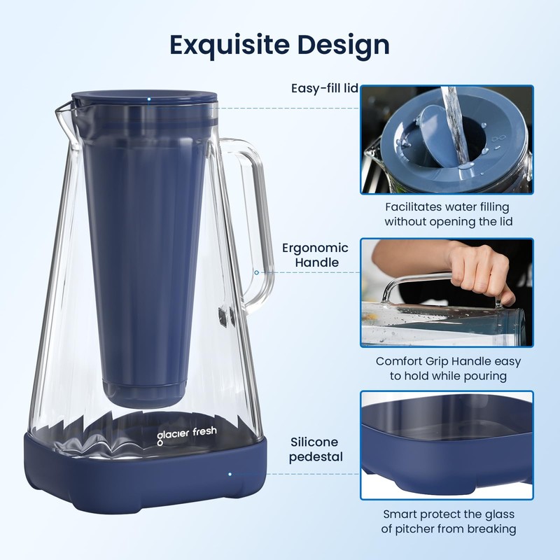 GLACIER FRESH 10 Cup Purela Glass Water Pitcher with 1