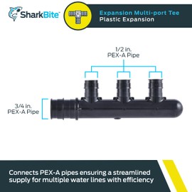 SharkBite 3 Port PEX Expansion Poly Tee, 3/4 Inch Closed Trunk with 1/2 Inch Outlet, Multi Line Water Manifold Plumbing Fittings for PEX-A Tubing, UAMPT3CZ