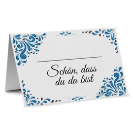 Partycards Tischkarten Geburtstag und Tischkarten Hochzeit, 50 Stück Format DIN A7, Namensschilder mit Ornamenten in Blau, bereits genutet, ideal für Kommunion und Konfirmation Platzkarten Geburtstag