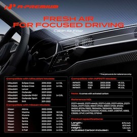 A-Premium Filtro de aire de habitáculo 2-PC con carbón activado compatible con Infinit FX35, G35 y Nissan Altima, Murano, Sentra, X-Trail y Mitsubishi