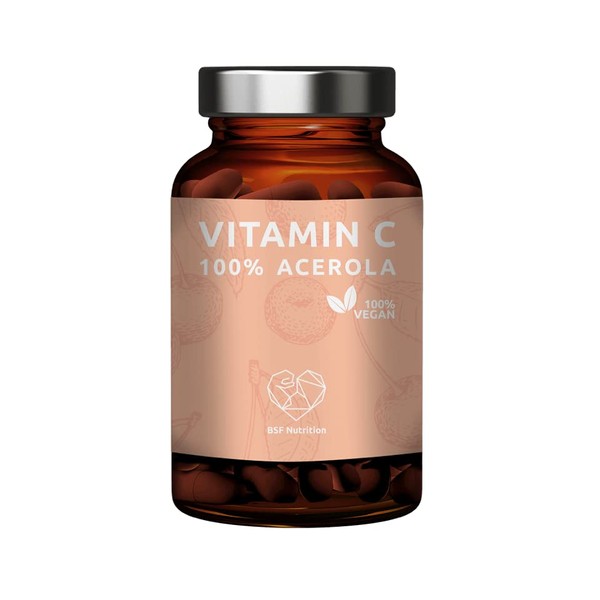 BSF Nutrition Vitamin C 100% Acerola in Glass - Vegan - Vegetable Vitamin C - High Dose with 211.5 mg Vitamin C - 60 Capsules