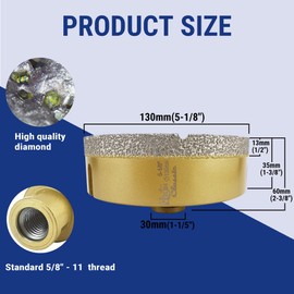 HXIN Vacuum brazed Diamond Hole Saw with 5/8"-11 Thread Classical Golden for Dry or Wet Drilling on Hard Porcelain Ceramic Tile Masonry Granite Marble Used on Angle Grinder (130mm 5-1/8")