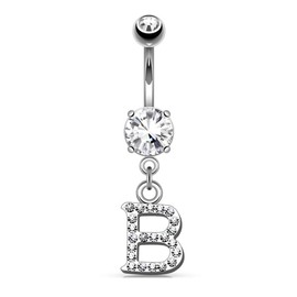 Dynamique 14GA Sparkly Clear Gem Paved Initial Dangle Belly Button Ring