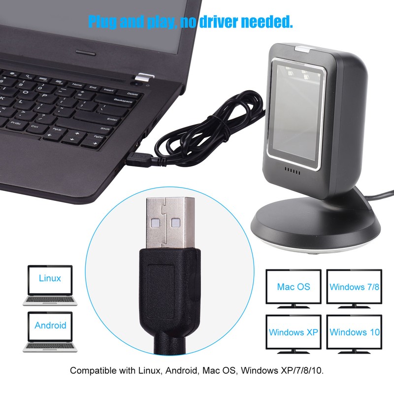 Desktop Barcode Scanner Wide Angle Lens USB Connection 1D 2D