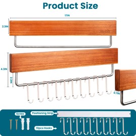 Nerien Magnetic Knife Holder Strip for Wall - 17" Acacia Wood Knife Magnetic Strip with 10pcs Hooks, No Drilling Knives Magnet Block Rack, Magnet Knives Storage Holders for Kitchen Utensil Organizer