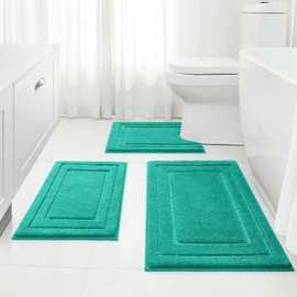 HOMEIDEAS Bathroom Rugs Sets 3 Piece, Super Soft and Absorbent Non Slip Microfiber Toilet Bath Mat with U-Shaped (Teal)