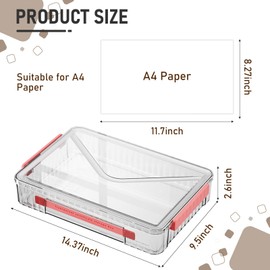 Valexbia Clear A4 Storage File Box Moisture-Proof Portable Plastic PET Box with Lids Handle & Clasps Stackable Document Storage Organizer Paper Magazines Holder for Home Office School(Red Buckle)
