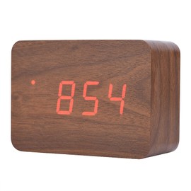 LED Wooden Alarm Clock, Alarm Function/Voice Control and Continuous Light Mode/Digital Desk Thermometer, Classic Timer, Digital Alarm Clock (Brown Wood + Red Light)