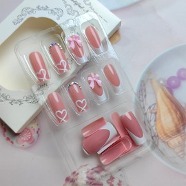 24Pcs Valentines Fake Nails White French Tip Press on Nails with Bow Charms Acrylic Nails Medium Square False Nails Cute French Nails Tip Stick on Nails Rhinestones Heart Artificial Nails for Women