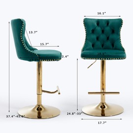 SoarFlash Velvet Bar Stool Set of 2, Adjustable Swivel Bar Stools with Gold Plated Metal Leg, Button Tufted, Footrest, Chrome Nailhead, Counter Height Chair for Kitchen, Bar, Dining Room (Green)