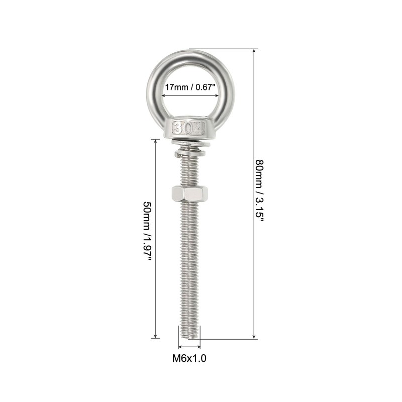 sourcing map M6 1/4"x1.97" Stainless Steel Eye Bolts Threaded Screw