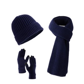 Villand 3 gorros bufanda con guantes de visualización táctil para hombres y mujeres, conjunto unisex para clima frío con forro polar y bolsa de regalo, azul índigo, Medium-X-Large