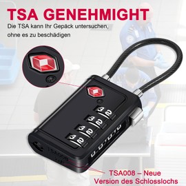 ZHEGE Kofferschloss Zahlenschloss 4 Stellig, TSA Schloss mit Flexible Kabel, Zelt Schloss mit Weißen Zahlen, Gepäckschloss, Reiseschloss, Kabelschloss für Koffer, Rucksack, Hostel (2 Stücke, Schwarz)