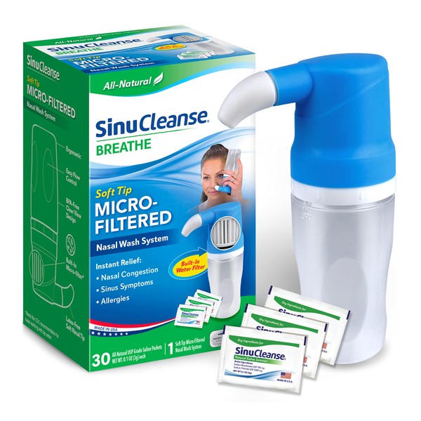 SinuCleanse Soft Tip Micro-Filtered Nasal Wash System, Relieves Nasal Congestion Due to Cold & Flu, Dry Air, Allergies, 30 All-Natural Saline Packets