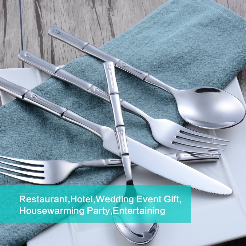 Flatasy Silverware Set Silver Bamboo Handle Flatware Stainless Steel Heavy