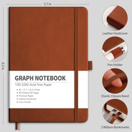 RETTACY Graph Paper Notebook, A5 Grid Notebook Journal with 192 Pages, 5.7'' × 8.3'', Medium Size, Leather Hardcover, 100 GSM Thick Paper, for Students, Homework, Math, Engineering (Brown)