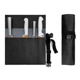 Under NY Sky Genuine Leather Knife Roll Case - 4 Slots - Real Leather Pouch - Portable Bag for Cooking Tools, Utensils, Cutlery Knives, Brushes - Chefs, Kitchen, Travel, Gift - Black L