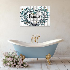 Biuteawal Family Wall Art Inspirational Saying Quotes Canvas Prints Grey Turquoise Tree Painting Artwork Family Sign for Home Farmhouse Dining Room Decor