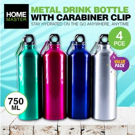 Home Master Metal Drink Bottle with Carabiner Clip, 750 ml Capacity, Pink/Blue/Silver/Green