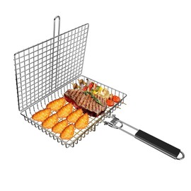 Barbecue BBQ Grill Basket with Handle Stainless Steel Grilling Basket Outdoor Camping BBQ Rack for Fish, Shrimp, Vegetables