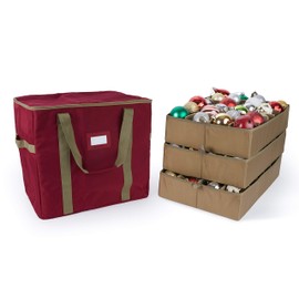 Covermates Keepsakes - 96PC Adjustable Ornament Storage Bag - Holds 4 Inch Ornaments - Heavy Duty Material - FlexGrid Adjustable Compartments - ID Window - 25 Inch Holiday Storage Bag - Red