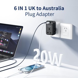 UK to Australia Plug Adapter, AODENG Australian Travel Adapter with 2 USB Ports and 1 30W Type C(5V/3.4A) and 2 Shaver Plug Input for UK to Australian New Zealand Fiji and more (Type I)
